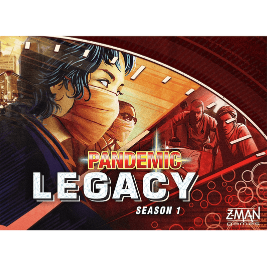 The cover of Pandemic Legacy: Season 1 (Red) by Z-Man Games features disease-fighting specialists, masked figures, and urgent red-toned scenes, with the title displayed prominently and the Z-Man Games logo in the lower right corner.
