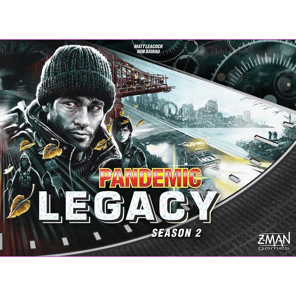 Z-Man Games' Pandemic Legacy: Season 2 (Black) board game cover shows serious hooded figures, autumn leaves, a broken bridge, gears, and emergency vehicles set against a stormy post-apocalyptic background.
