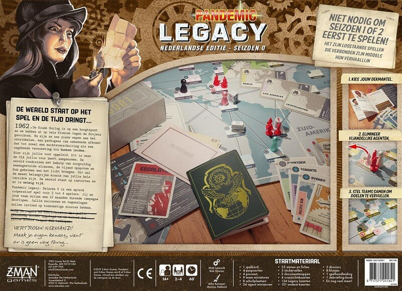 The back of a Pandemic Legacy Seizoen 0 NL box by Z-Man Games displays cards, a board, tokens, and instructions with bold graphics and Dutch text detailing gameplay and contents.