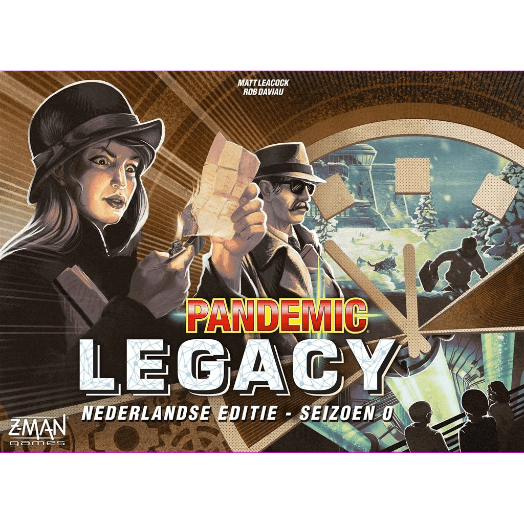 The cover of Pandemic Legacy Seizoen 0 NL by Z-Man Games shows two agents with maps and files, a doomsday clock, snowy scenery, and hazmat-suited figures under bold red and white title text.