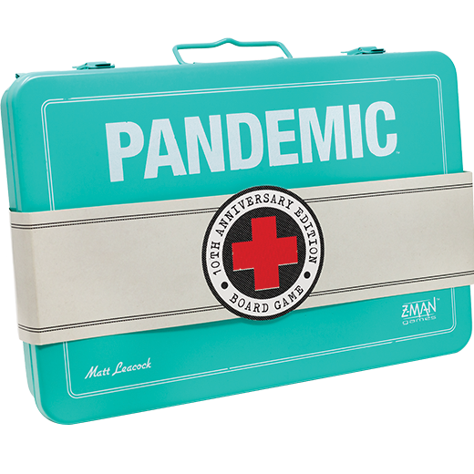 The Pandemic 10th Anniversary Edition by Z-Man Games features a turquoise metal case with a cream band showing a red cross and "10th Anniversary Edition Cooperative Game," and designer Matt Leacock’s name on the front.