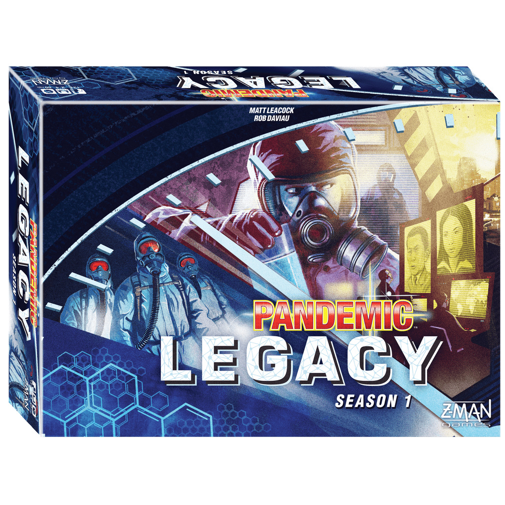 Box cover of Z-Man Games’ Pandemic Legacy: Season 1 (Blue), showing figures in hazmat suits and a gas mask, with red virus symbols and blue scientific graphics in the background.