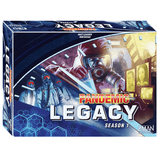 Box cover of Z-Man Games’ Pandemic Legacy: Season 1 (Blue), showing figures in hazmat suits and a gas mask, with red virus symbols and blue scientific graphics in the background.