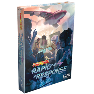 Box cover of Z-Man Games’ Pandemic Rapid Response shows a crisis team inside an airplane, including a headset-wearing member, with a pink plane flying overhead.