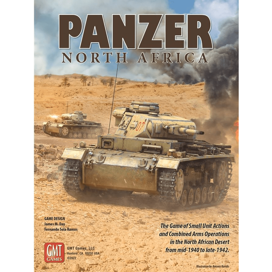 The cover art for GMT Games' Panzer North Africa depicts two German tanks advancing through a smoky, explosive North African desert battlefield, accompanied by soldiers beside one tank.