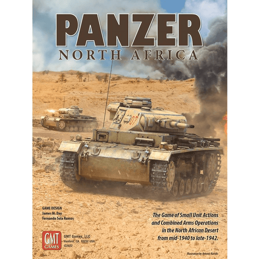 The cover art for GMT Games' Panzer North Africa depicts two German tanks advancing through a smoky, explosive North African desert battlefield, accompanied by soldiers beside one tank.