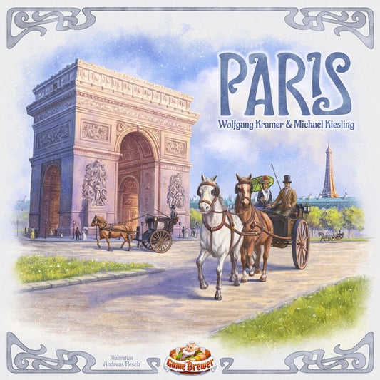 Illustrated cover features horse-drawn carriages by the Arc de Triomphe with the Eiffel Tower behind. "Paris" is boldly displayed at the top, showcasing this classic real estate investing game from Game Brewer.