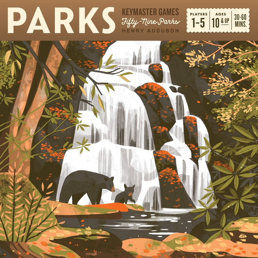 Illustration of a waterfall with trees and two bears, evoking US National Parks. Cover art for Parks board game by Keymaster Games, for ages 10+, with 30-60 minute gameplay.