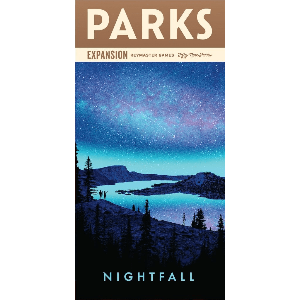 The game box cover for Parks: Nightfall Expansion by Keymaster Games showcases a starry night, tree silhouettes, two people on a hill, and a lake reflecting blue and purple dusk tones, highlighting the new park cards.