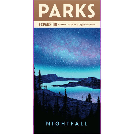 The game box cover for Parks: Nightfall Expansion by Keymaster Games showcases a starry night, tree silhouettes, two people on a hill, and a lake reflecting blue and purple dusk tones, highlighting the new park cards.
