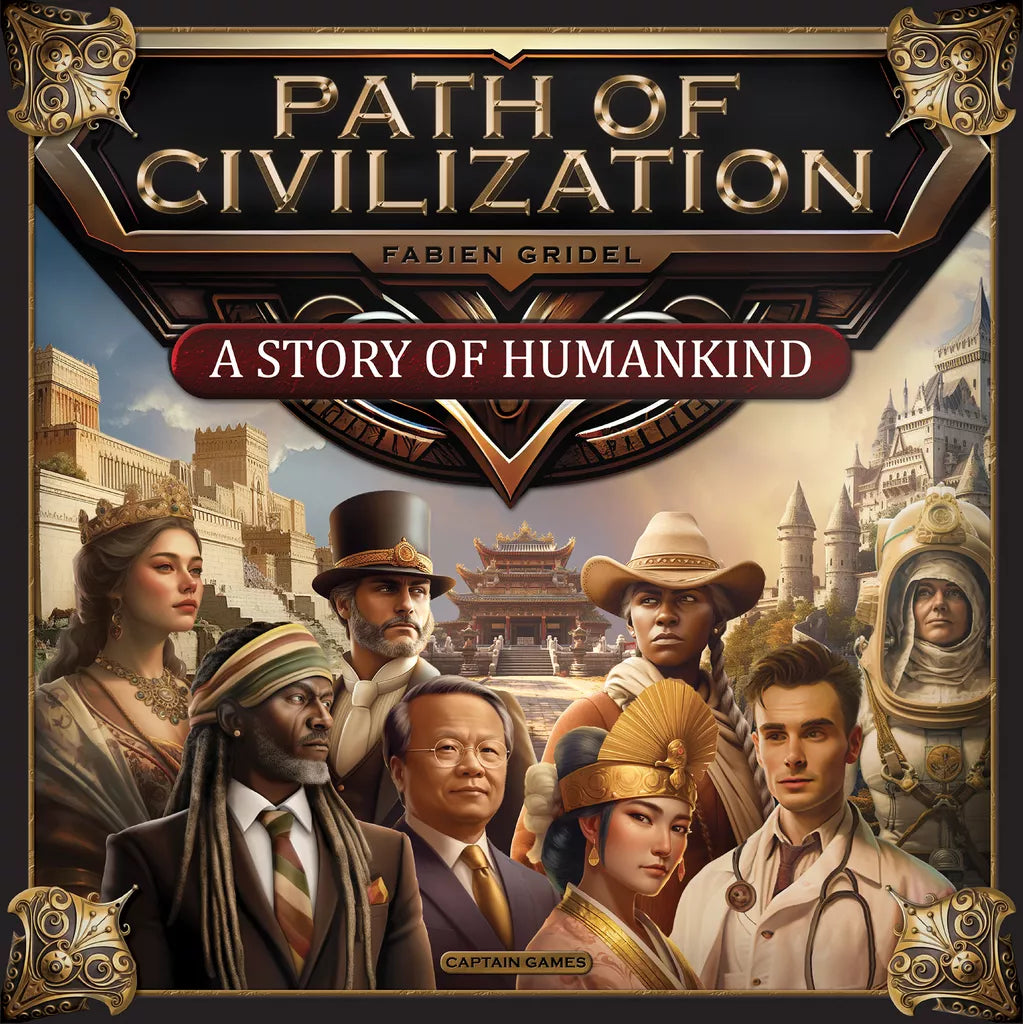 Cover art for Captain Games' Path of Civilization shows a diverse group in historical clothing, with famous landmarks and a ship behind them. The title and subtitle read: Path of Civilization—A Story of Humankind, a strategy empire-building game.