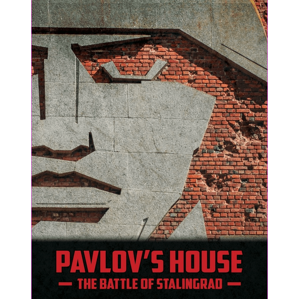 The image displays a Soviet-style stone relief of a face on a red brick wall. Bold text at the bottom reads: Pavlov’s House by Dan Verssen Games (DVG)—a board game set during the iconic Battle of Stalingrad in WW2.