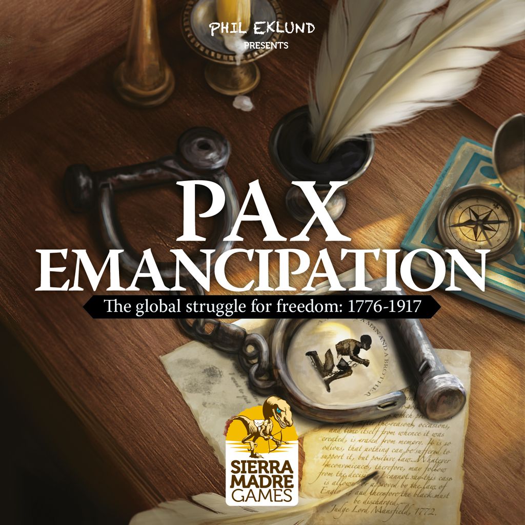 A desk holds a large key, quill, paper, and book. Text: “Pax Emancipation by Ion Game Design—an abolitionist board game about the global struggle for freedom (1776–1917).” A yellow logo shows a person breaking chains.