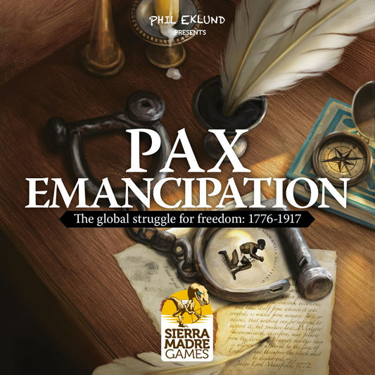 A desk holds a large key, quill, paper, and book. Text: “Pax Emancipation by Ion Game Design—an abolitionist board game about the global struggle for freedom (1776–1917).” A yellow logo shows a person breaking chains.