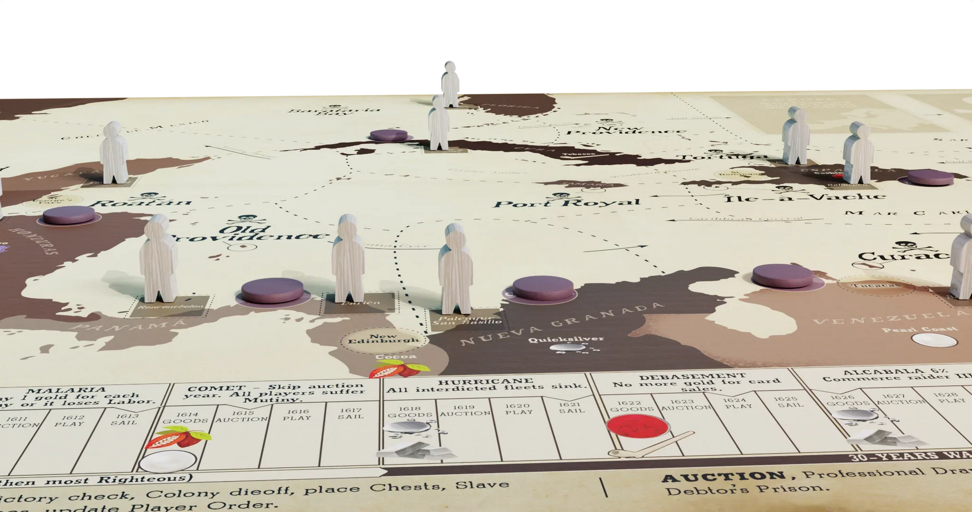 Pax Hispanica by Ion Game Design is a Caribbean strategy board game with a labeled map, standee player pieces, circular tokens, an event icon track at the bottom, and hidden roles instructions.