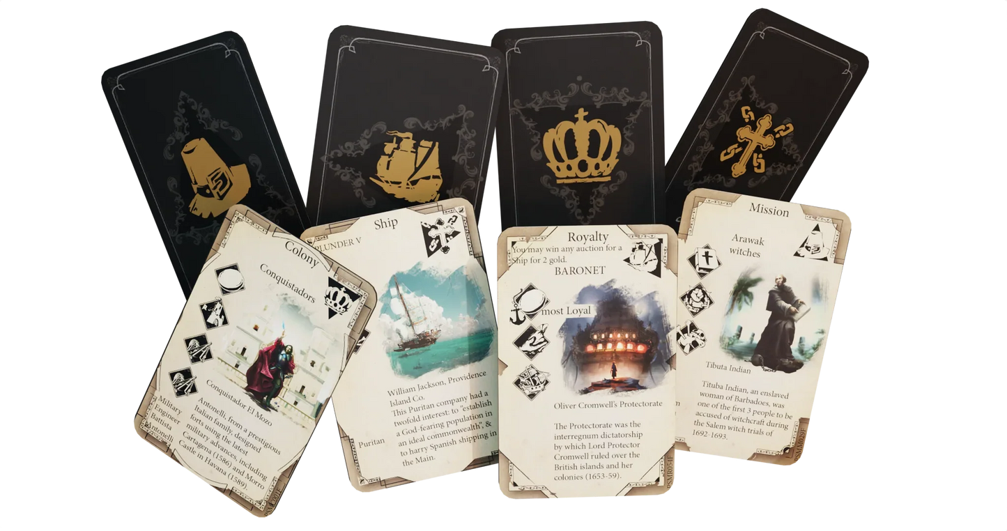 Pax Hispanica Illustrated Playing Cards by Ion Game Design: A set of ornate cards for the Caribbean strategy game, featuring ships, royalty, missions, decorative backs, and symbols—some with hidden roles to enhance gameplay.