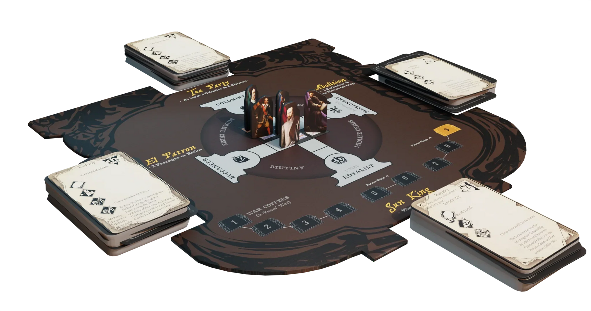 Pax Hispanica by Ion Game Design is a dark, round Caribbean strategy board game with cards at each corner, character standees in the center, hidden roles, and sections labeled “Mutiny,” “Loyalist,” and “Patron”, plus decorative borders.