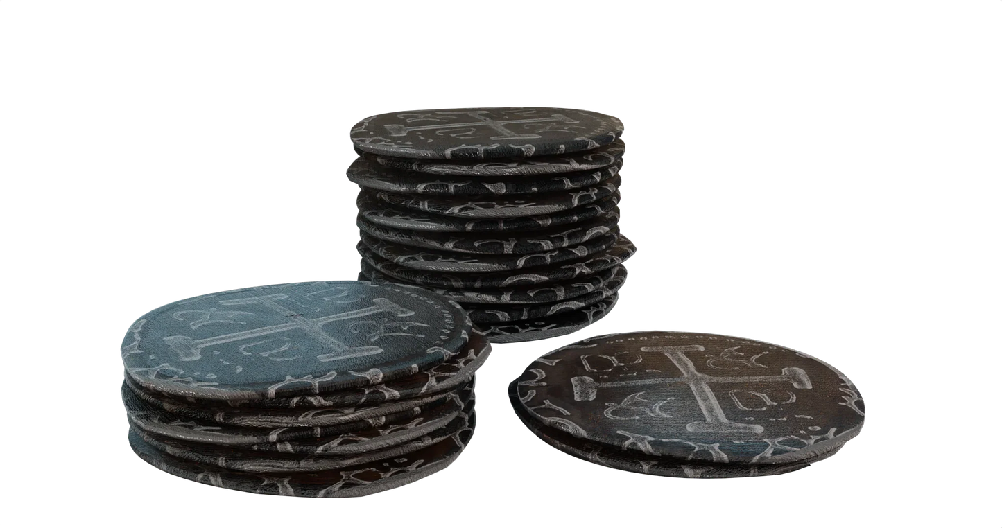 Three uneven stacks of old, weathered coins—like those from Ion Game Design’s Pax Hispanica board game—each display a cross and unique markings. Their dark, worn edges suggest age and use, set on a plain white background.