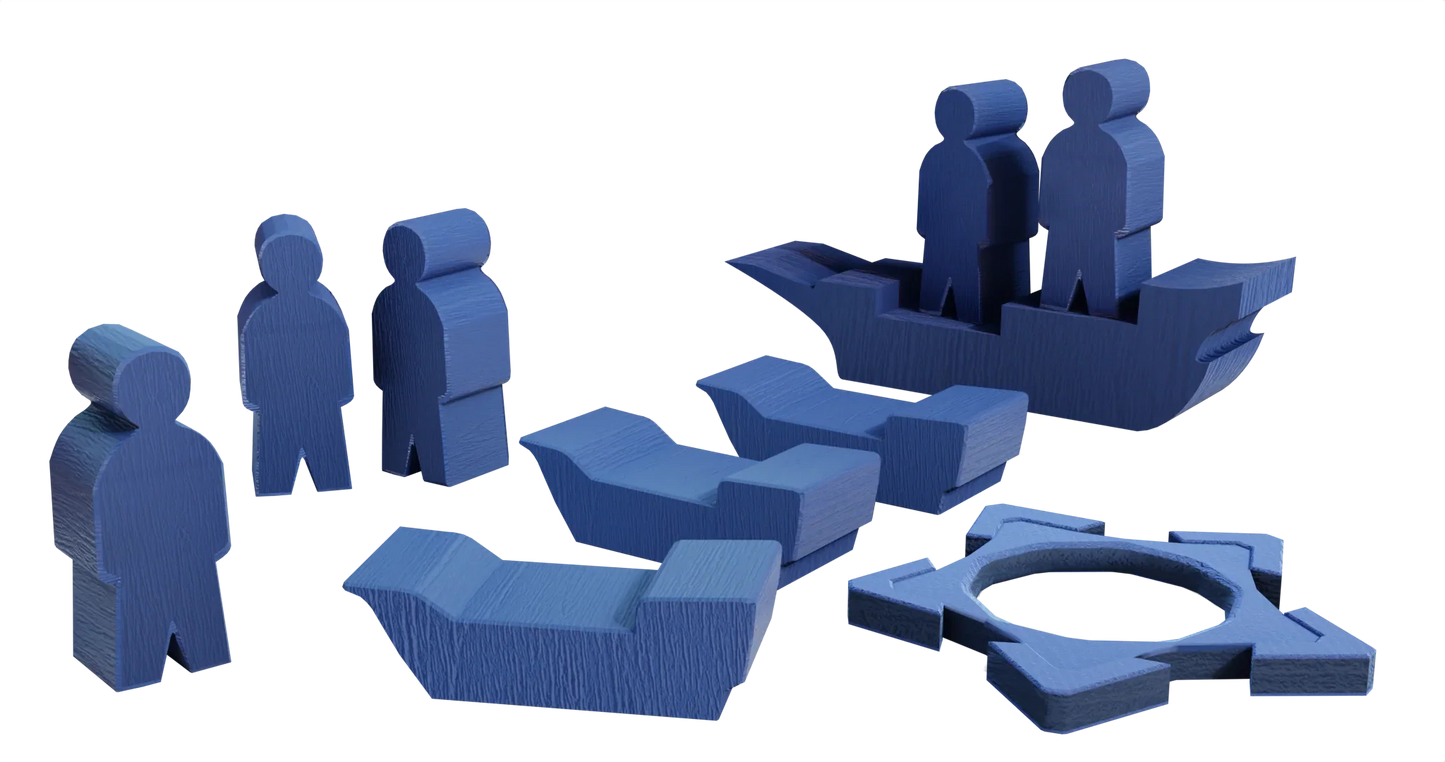 Several blue, wooden, stylized human figures stand near puzzle-shaped boat pieces on a white background, evoking teamwork and hidden roles—reminiscent of the Caribbean strategy board game Pax Hispanica by Ion Game Design.
