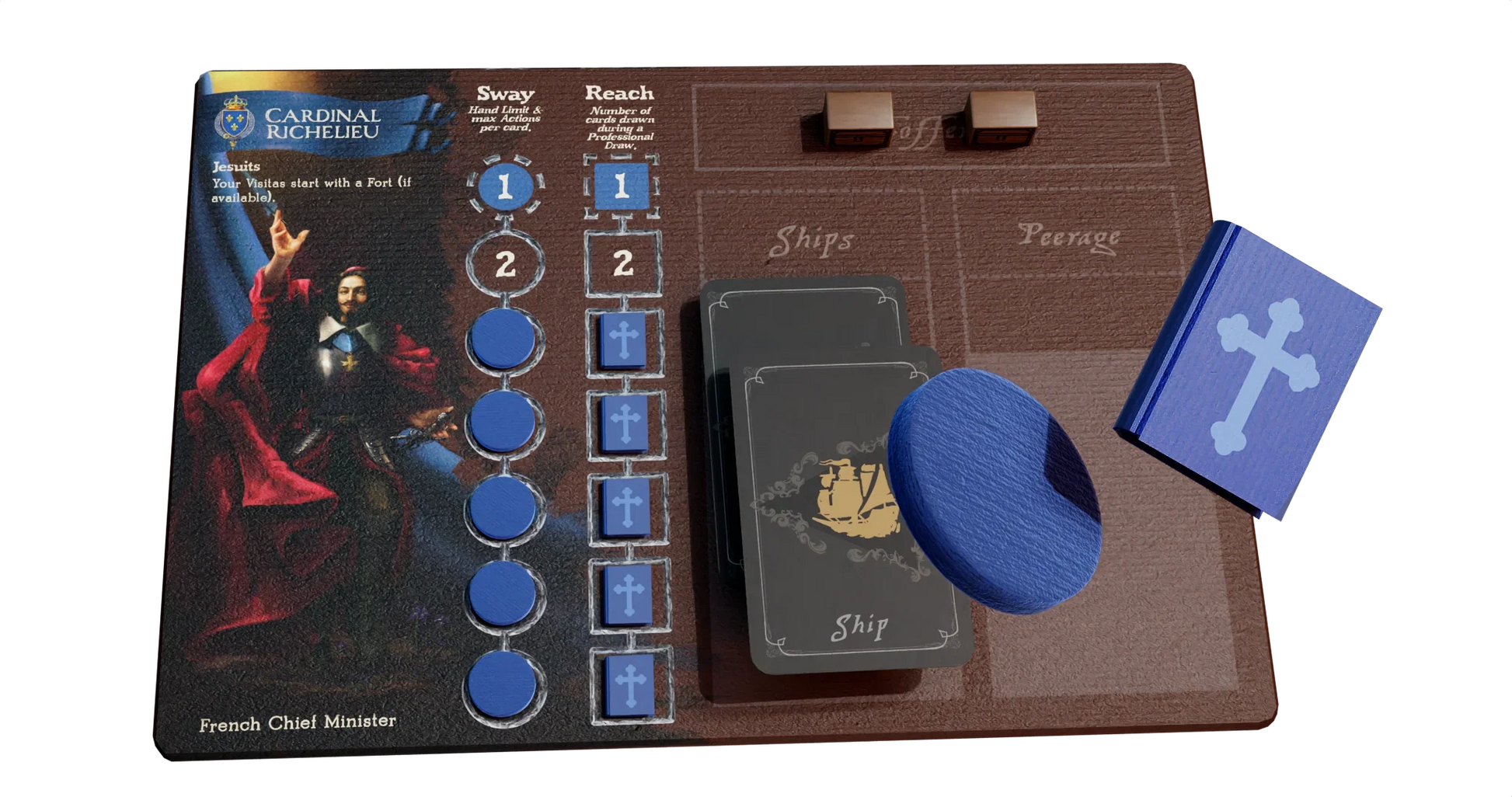 Pax Hispanica by Ion Game Design includes a wooden board, Cardinal Richelieu card, blue markers, two “Ship” decks, hidden roles, two wooden cubes, and a blue deck box with a white cross.