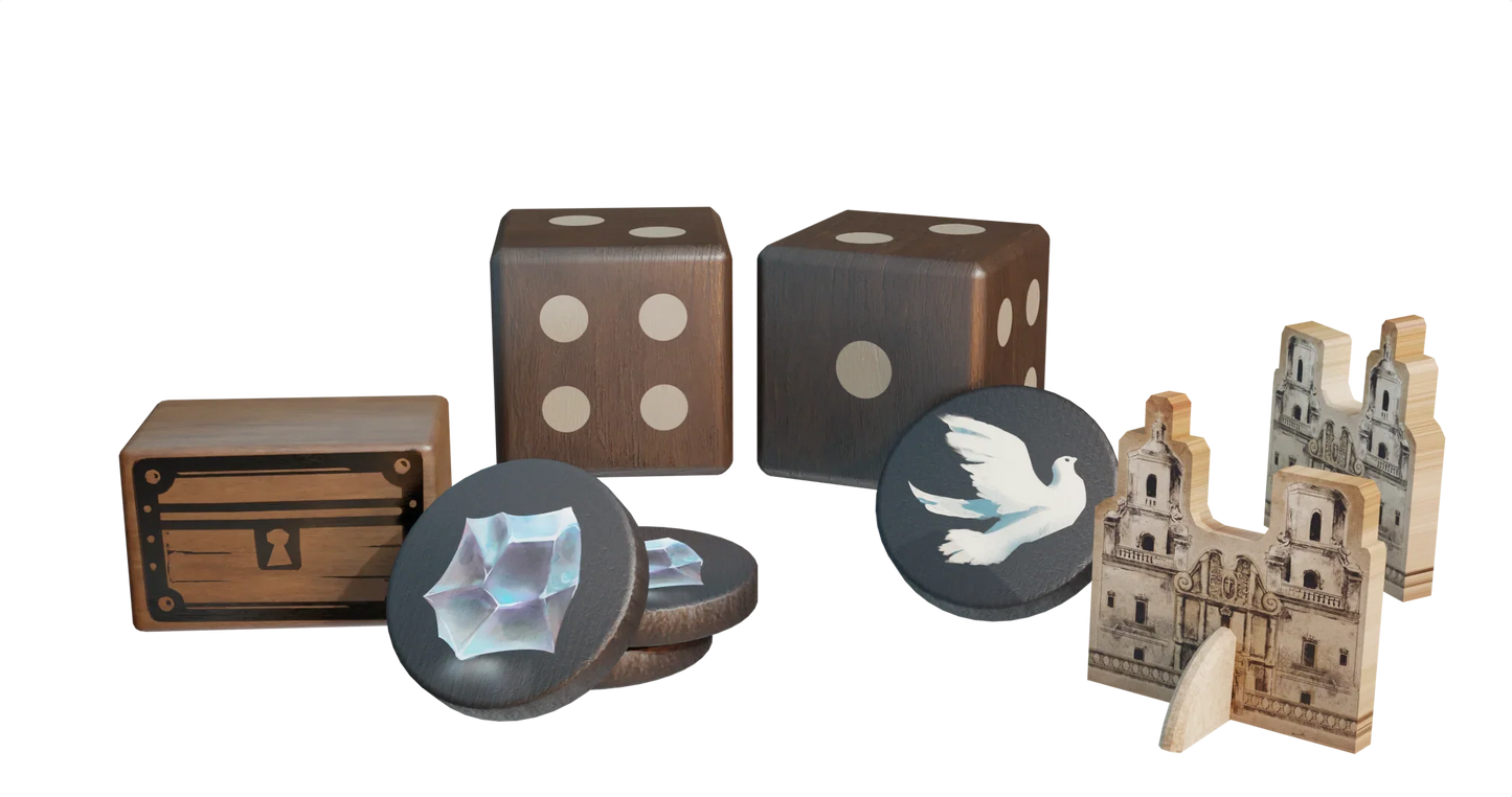 A set of Pax Hispanica board game pieces by Ion Game Design includes two wooden dice, hidden role tokens with gems and a white dove, plus a small arched wooden building, displayed on a white background.