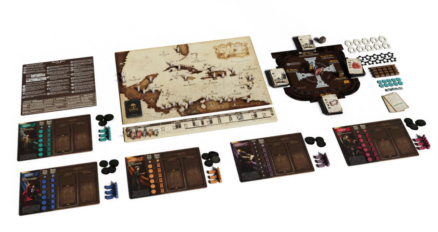 A tabletop setup features Pax Hispanica Deluxe Edition by Ion Game Design, with a large map board, player boards, cards, tokens, and colored pieces—perfectly arranged for four players to enjoy this Caribbean strategy game with hidden roles.