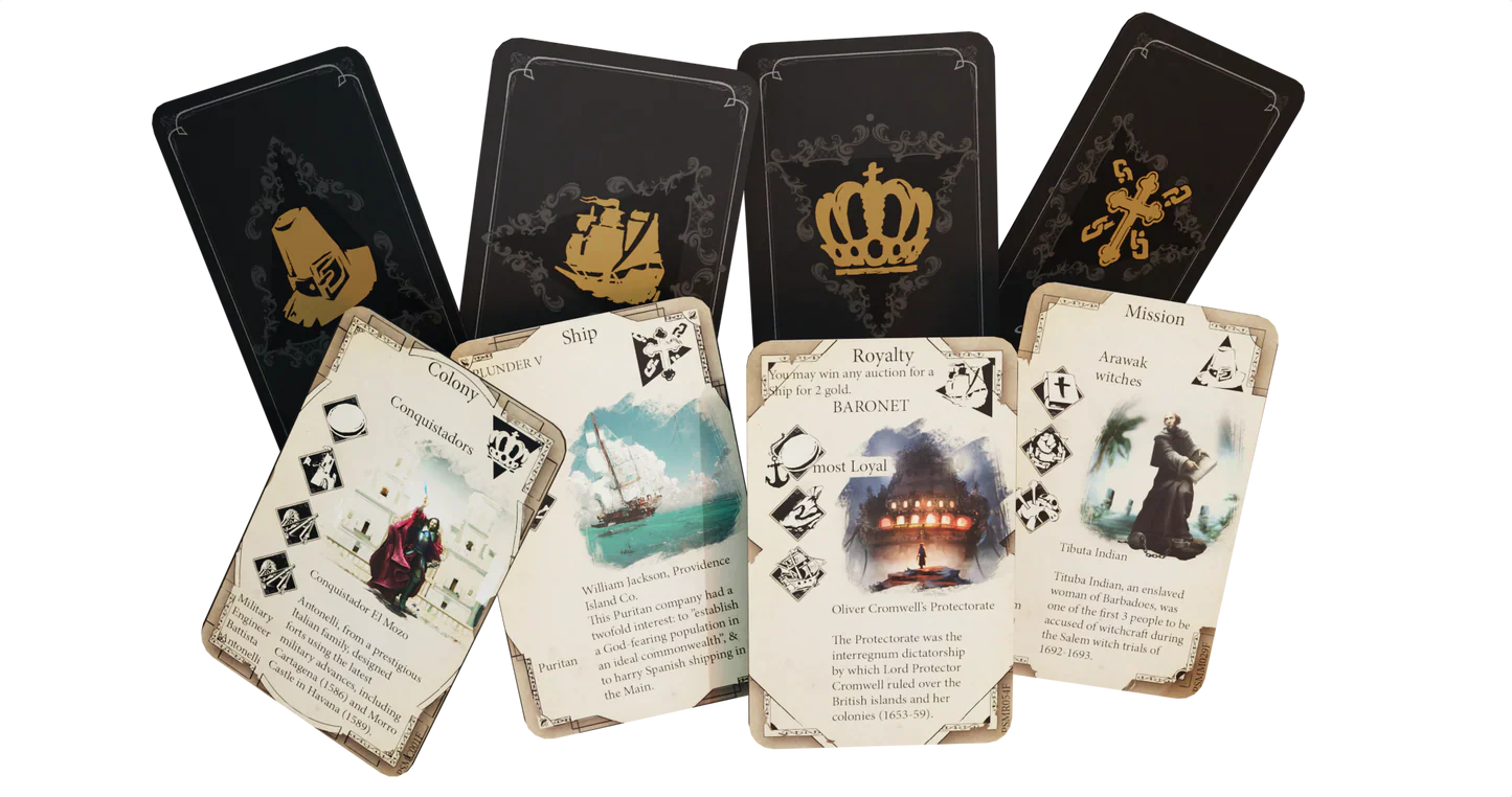 Five ornate gold playing cards stand behind four illustrated game cards showing ships, royalty, a cannon, and rules from Pax Hispanica Deluxe Edition by Ion Game Design, a hidden roles Caribbean strategy board game, on a white background.