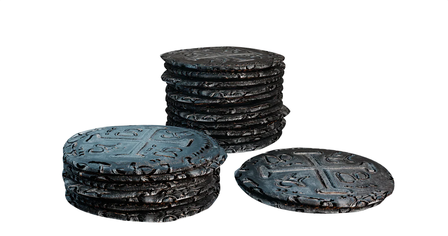Stacks of old, weathered coins with engraved patterns evoke treasures from Pax Hispanica Deluxe Edition by Ion Game Design, a Caribbean strategy board game with hidden roles, displayed on a plain white background.