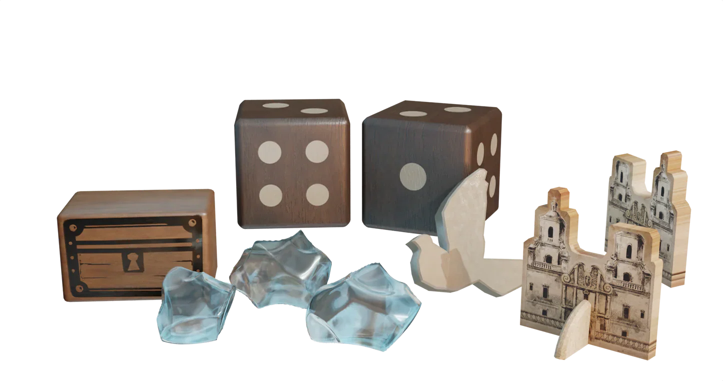 A set of pieces from Pax Hispanica Deluxe Edition by Ion Game Design, featuring two brown dice, a wooden treasure chest, four translucent crystals, a white triangular piece, and two arched wooden building tokens.