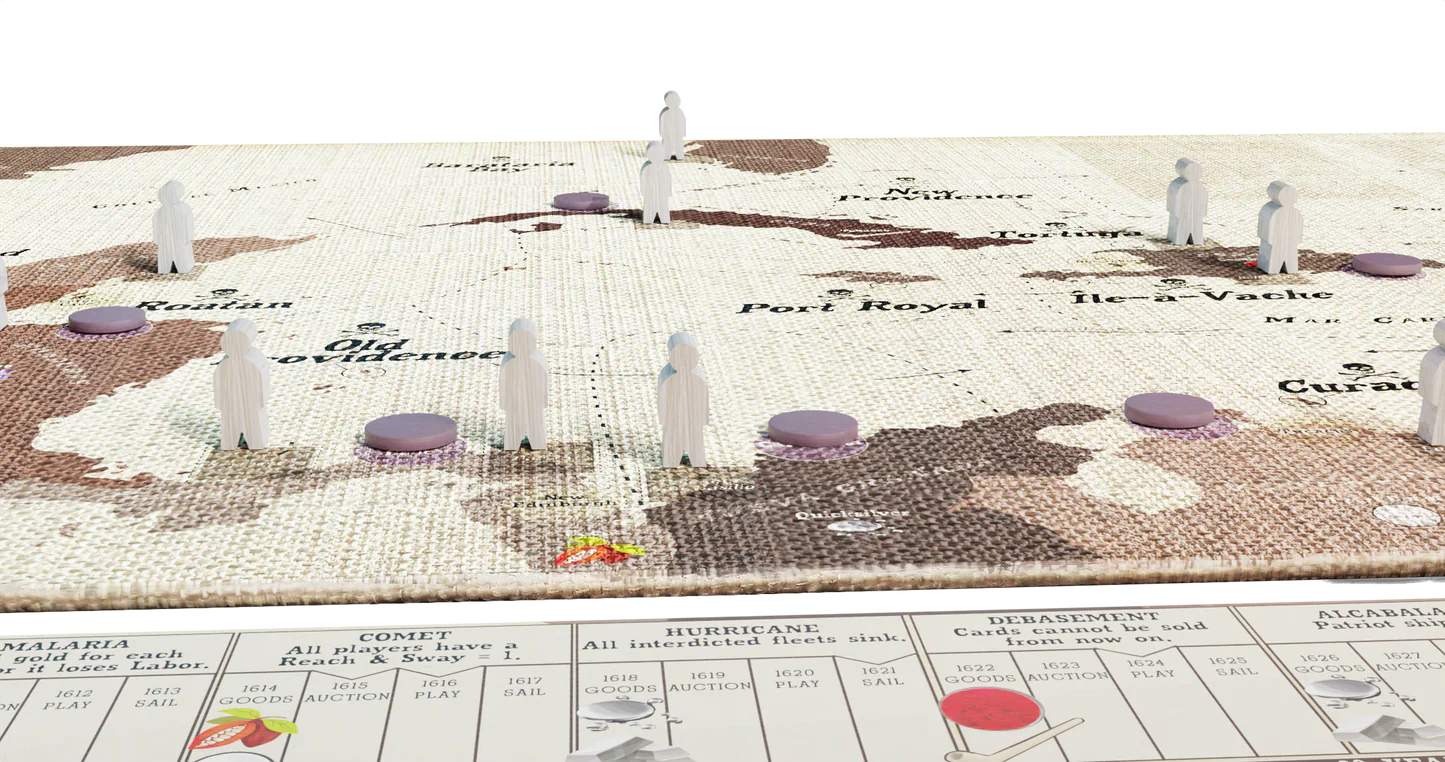 A close-up of Pax Hispanica Deluxe Edition by Ion Game Design shows pawns and tokens on islands like Old Providence and Port Royal, with glimpses of hidden roles and part of the rules section at the bottom.