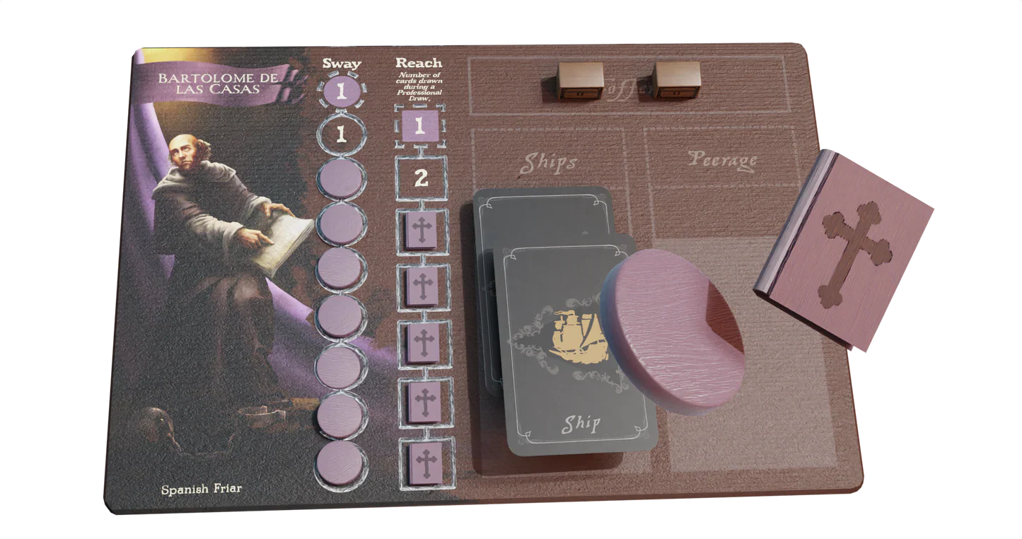 The Pax Hispanica Deluxe Edition by Ion Game Design features a game board displaying a Bartolome de Las Casas card, sway and reach tracks, two wooden cubes, Ship cards, a round wooden token, and a pink book with a cross on its cover.