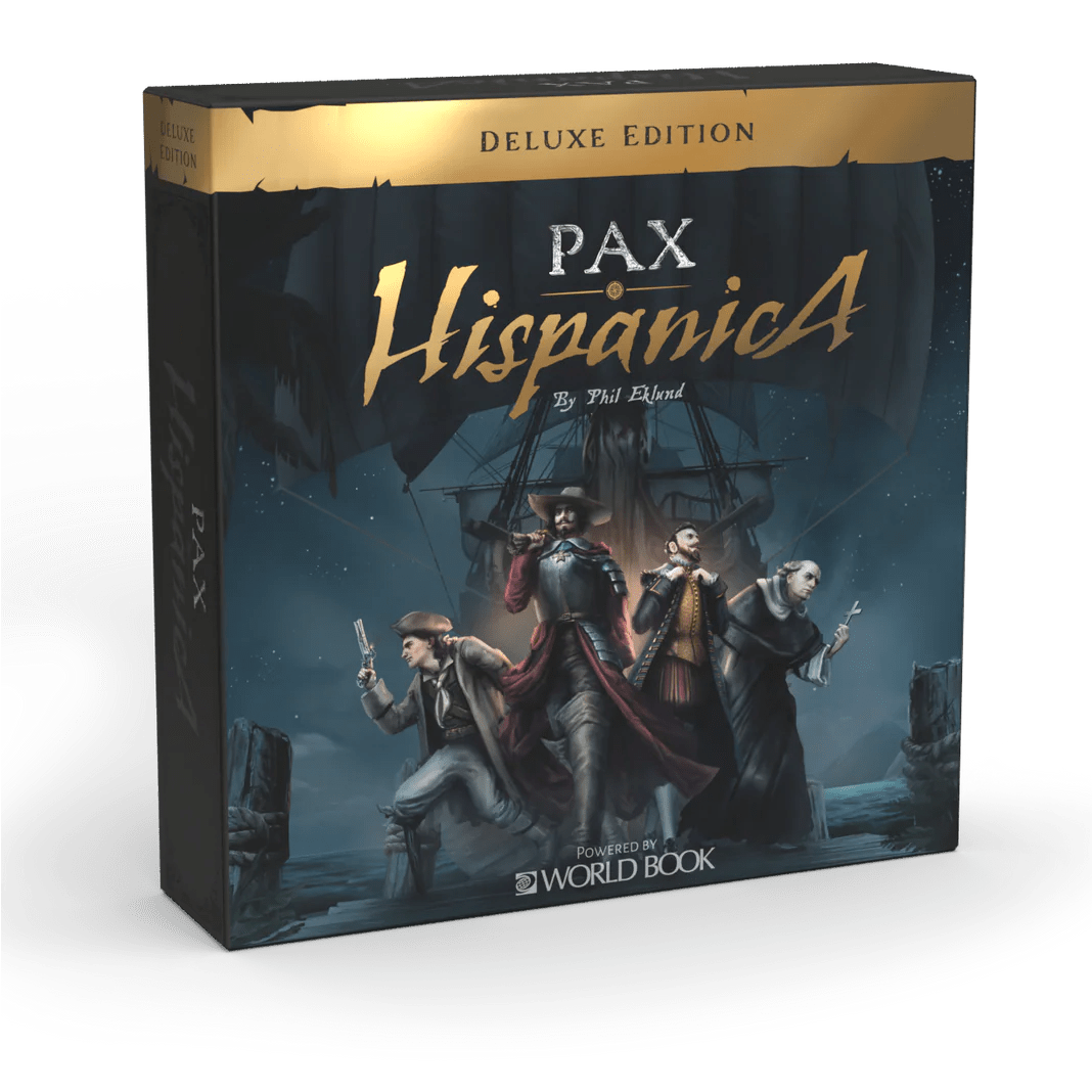 The Pax Hispanica Deluxe Edition board game from Ion Game Design features three armed historical figures in period dress before a ship’s mast, suggesting hidden roles in this dramatic Caribbean strategy game.
