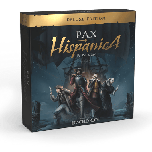 The Pax Hispanica Deluxe Edition board game from Ion Game Design features three armed historical figures in period dress before a ship’s mast, suggesting hidden roles in this dramatic Caribbean strategy game.