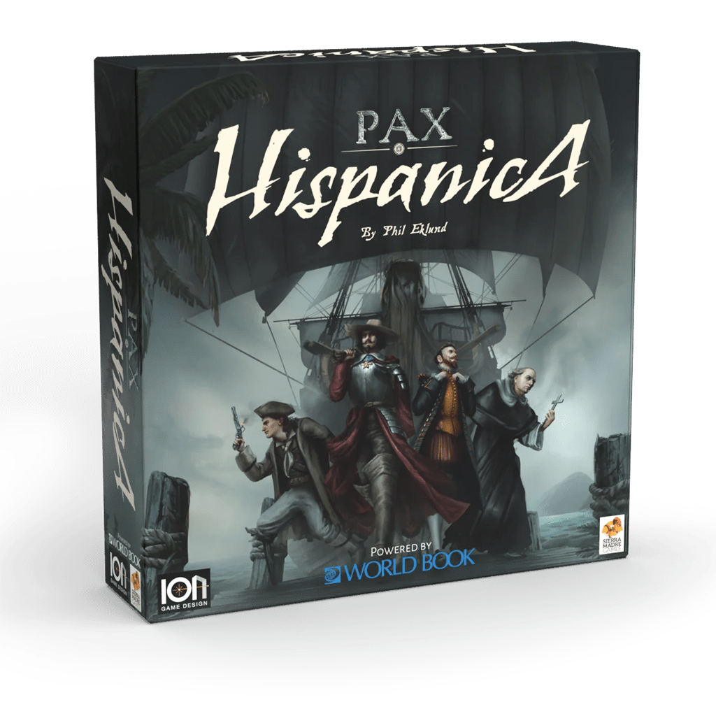 The box cover of Pax Hispanica by Ion Game Design showcases three figures in historical attire and a ship under dramatic lighting, with stylized title text. Hidden roles enhance the intrigue in this Caribbean strategy board game.
