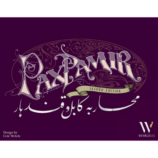 Cover for Pax Pamir: Second Edition by Wehrlegig Games features ornate purple and white letters, Persian script, a gold banner, and the Wehrlegig logo. Inspired by 19th-century Afghan leaders and The Great Game; designed by Cole Wehrle.