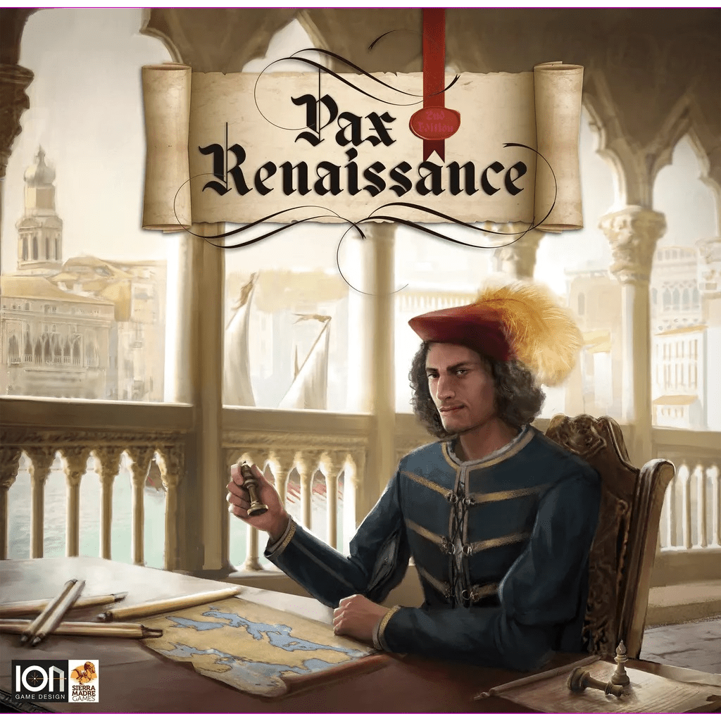 A man in Renaissance attire sits at a desk with a map, quill, and book beneath an ornate balcony overlooking a city—a striking scene from Pax Renaissance 2nd Edition by Sierra Madre Games.