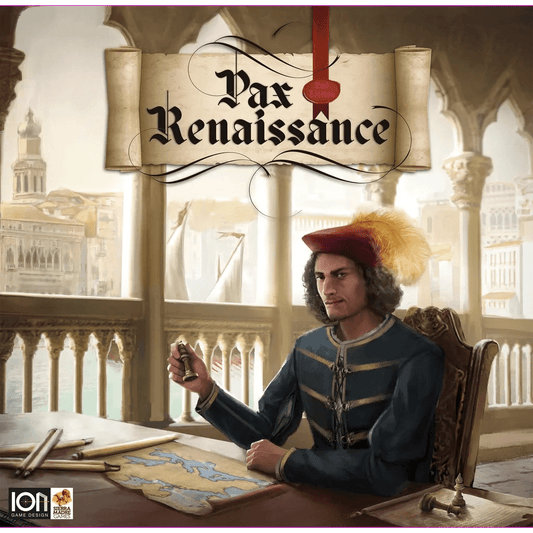 A man in Renaissance attire sits at a desk with a map, quill, and book beneath an ornate balcony overlooking a city—a striking scene from Pax Renaissance 2nd Edition by Sierra Madre Games.