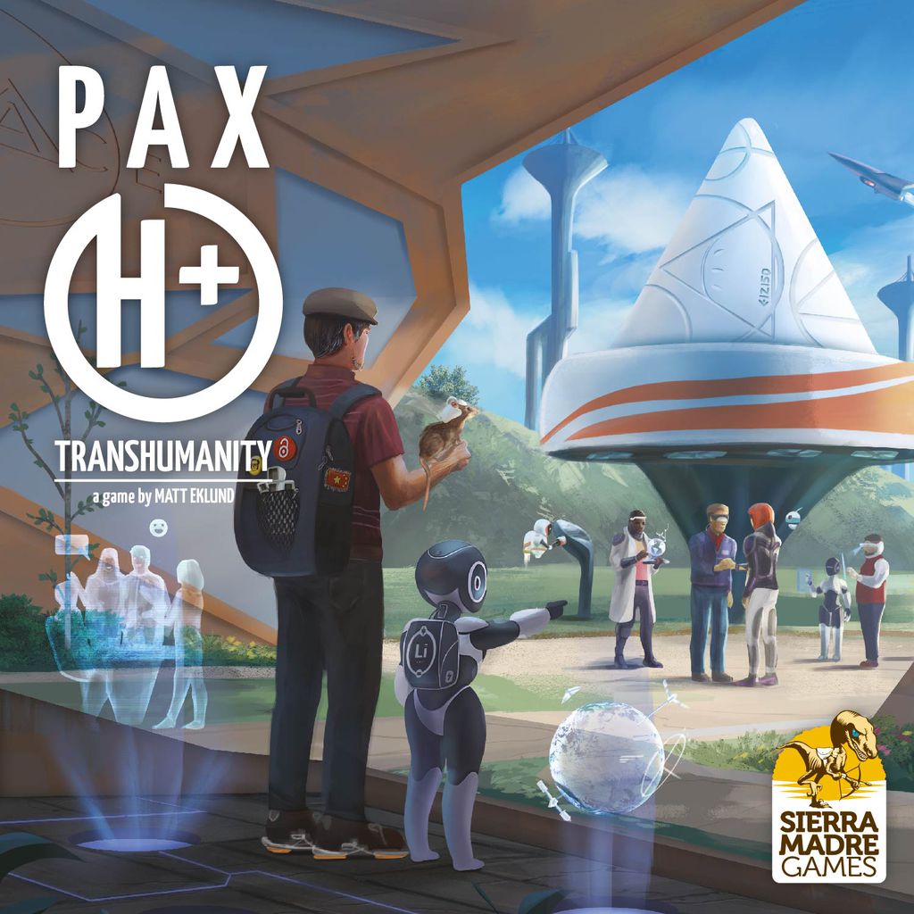 Amidst a futuristic scene of people, robots, and spacecraft, a person with a bird and robotic dog observes holograms—the perfect setting for Pax Transhumanity by Ion Game Design, the idea development game set in a vibrant marketplace of ideas.