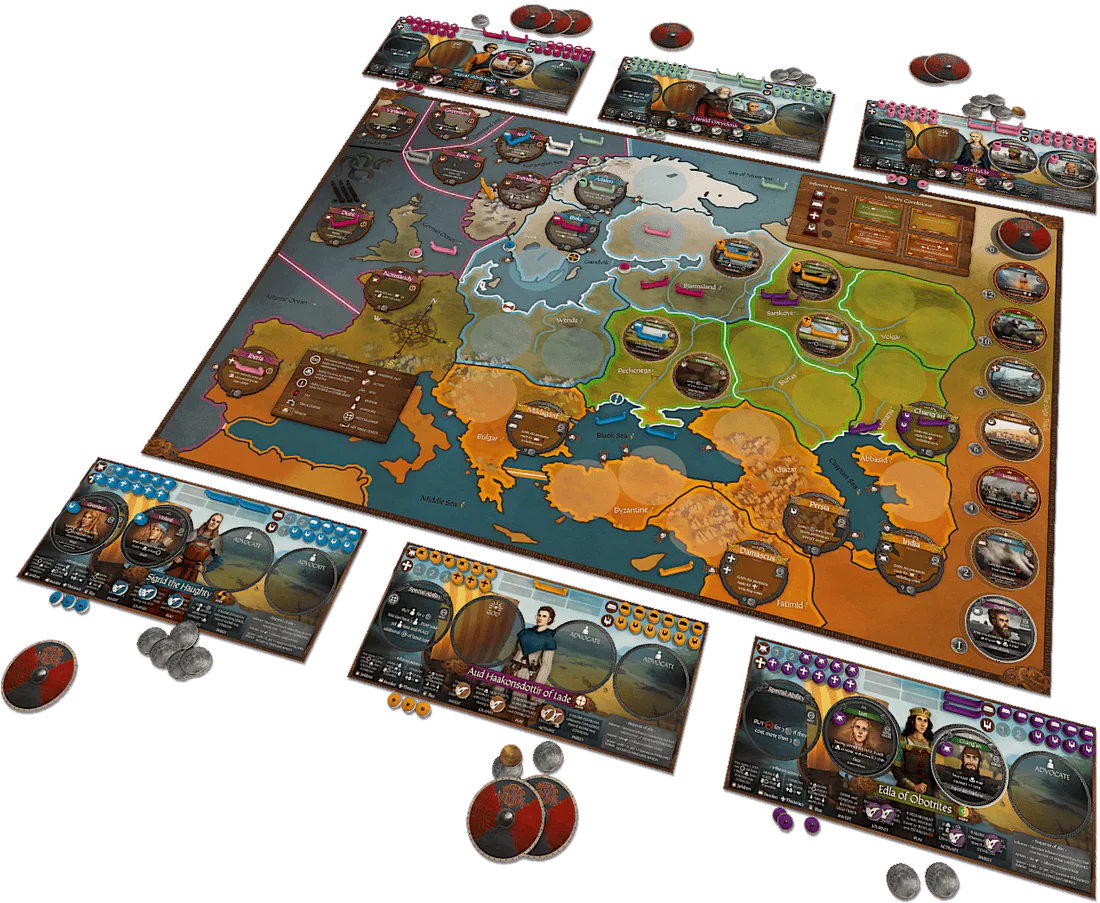 Pax Viking by Ion Game Design is a strategic board game with a detailed Europe map, player boards, tokens, and coins, showcasing complex multiplayer gameplay and rich Viking-era historical strategy components.