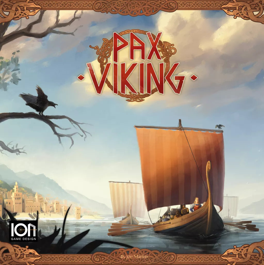 Illustration of Viking longships on a river, castle-like town behind, and a raven on a branch. Text reads "Pax Viking" at top. Pax Viking is a historical strategy board game from Ion Game Design inspired by Viking adventures.