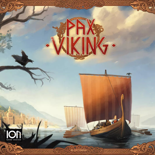 Illustration of Viking longships on a river, castle-like town behind, and a raven on a branch. Text reads "Pax Viking" at top. Pax Viking is a historical strategy board game from Ion Game Design inspired by Viking adventures.