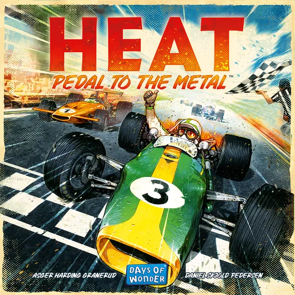 Cover art for Heat: Pedal to the Metal by Days of Wonder shows a vintage green and yellow race car, number 3, crossing the finish line with other cars chasing and a checkered flag waving in the background.