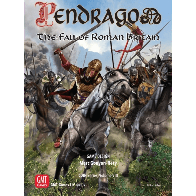 Armored warriors charge into battle on horseback in Dark Ages Britain, swords raised and shields up, beneath the title Pendragon The Fall of Roman Britain from GMT Games. Designer credits and logos are displayed below.
