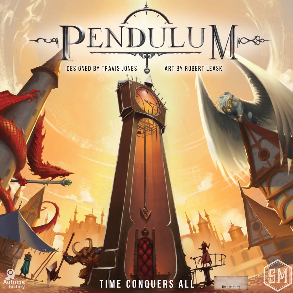 The cover of Pendulum by Stonemaier Games showcases a towering clock, dragon, and griffin among dramatic buildings, evoking the real-time strategy and worker placement gameplay. Tagline: Time Conquers All.