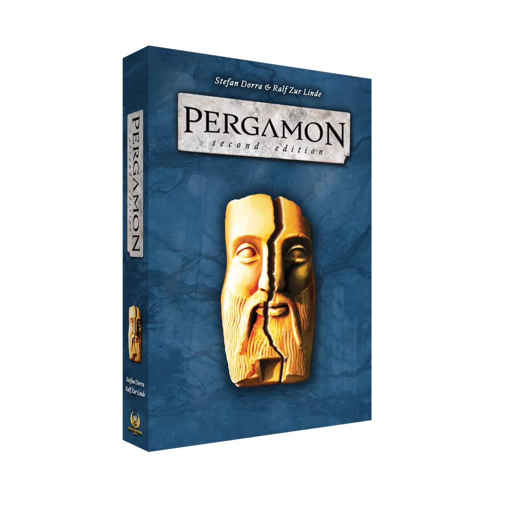 A blue box of Pergamon (English Second Edition) by Eagle-Gryphon Games, featuring a golden ancient mask on the front and the designers' names, Stefan Dorra & Ralf zur Linde, at the top.
