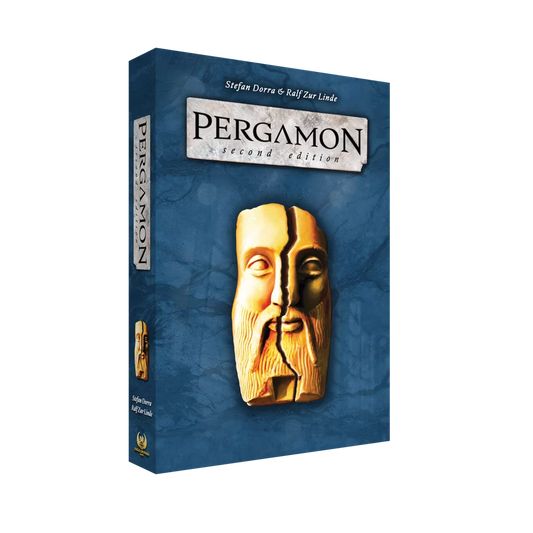 A blue box of Pergamon (English Second Edition) by Eagle-Gryphon Games, featuring a golden ancient mask on the front and the designers' names, Stefan Dorra & Ralf zur Linde, at the top.