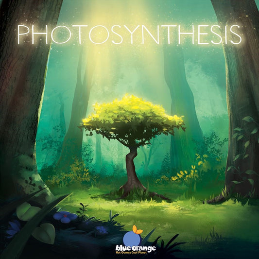 A vibrant illustration of a sunlit tree in a lush forest with "PHOTOSYNTHESIS" glowing above, inspired by Photosynthesis Multilingual from Blue Orange. The blue-orange logo with an orange leaf is at the bottom center.