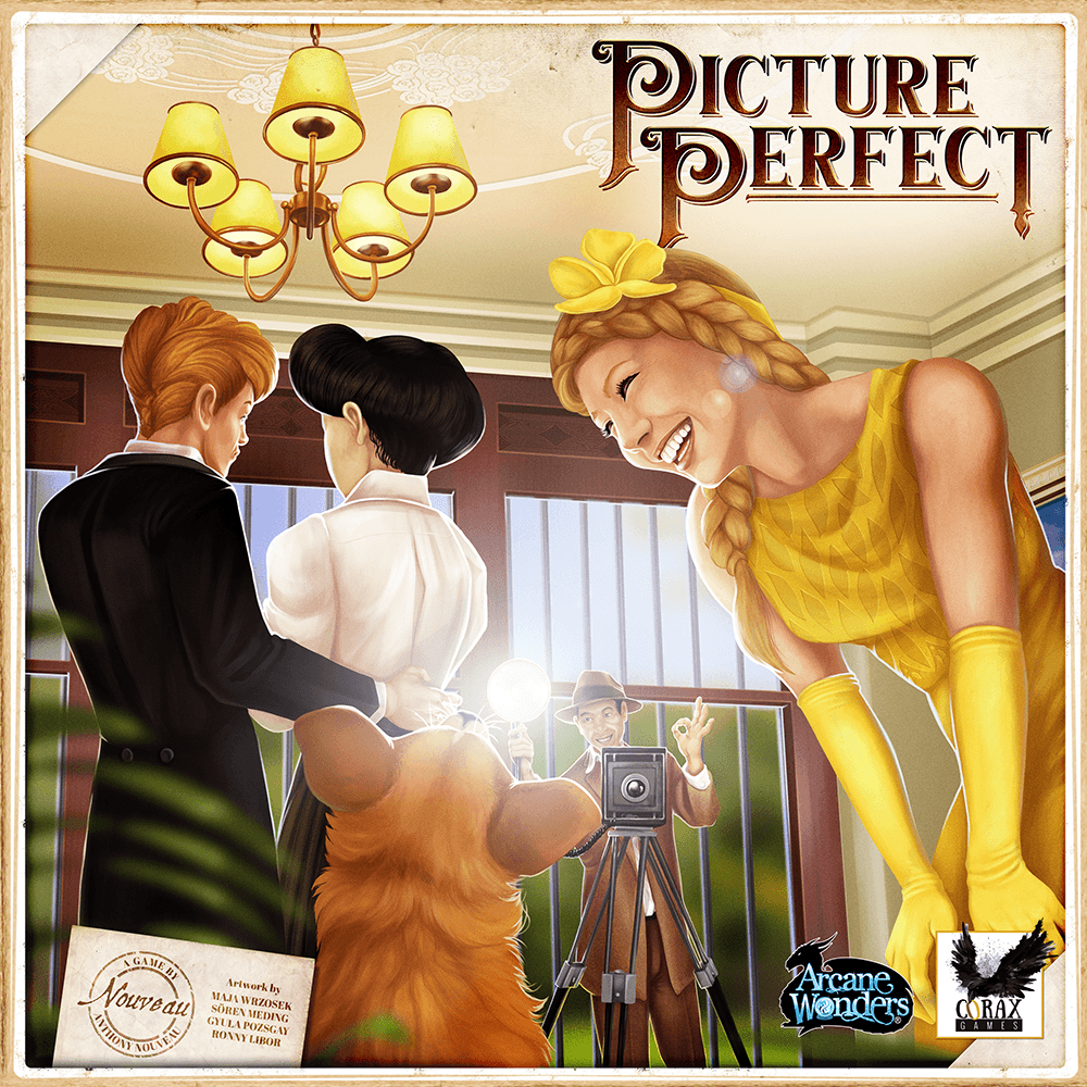 A group poses for a vintage photo: a man and woman in formal wear, a large brown dog, and a woman in yellow dress and gloves. A photographer stands behind an old camera. Above is “Picture Perfect,” by Arcane Wonders.