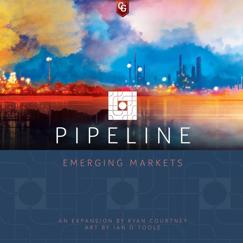 A vibrant illustration of an industrial refinery under a dramatic sky tops the title Pipeline: Emerging Markets Expansion by Capstone Games, evoking business growth. Designer Ryan Courtney and artist Ian OToole are credited at the bottom.
