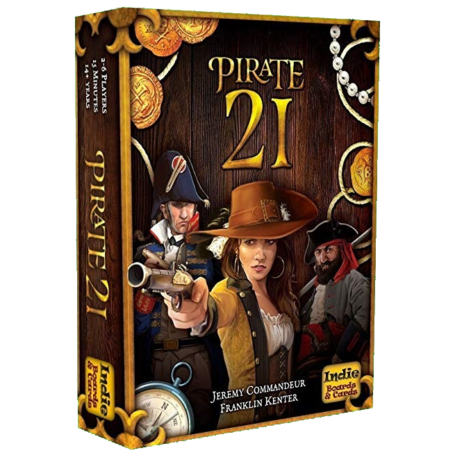The box cover of Pirate 21 by Indie Boards & Cards shows a woman in a brown hat aiming a pistol, with two male pirates behind her, plus gold coins and a compass in the background. It's a competitive card game for 2-6 players.